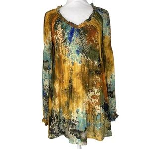 Sunny Leigh Multicolor Tunic Smocked Ruffle V Neck Artsy Fairy Boho Sheer Lg